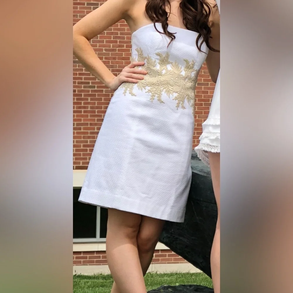 Lilly Pulitzer Strapless Textured White Dress with Gold Embroidery - Picture 3 of 9
